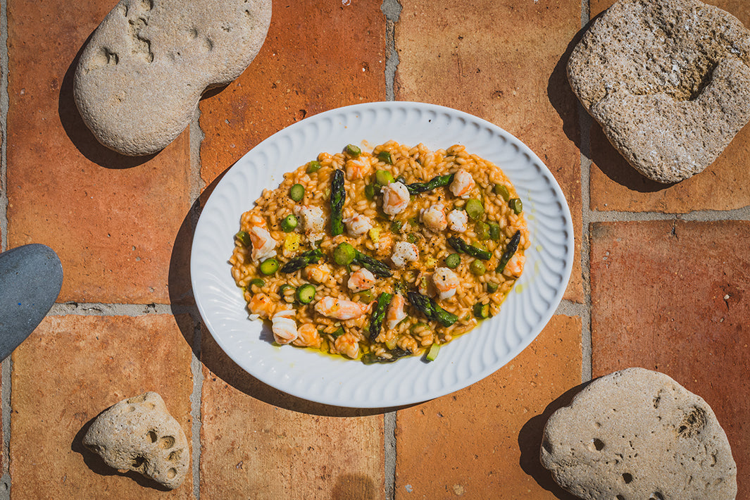Risotto agli asparagi e scampi - Risotto mit grünem Spargel und Scampi