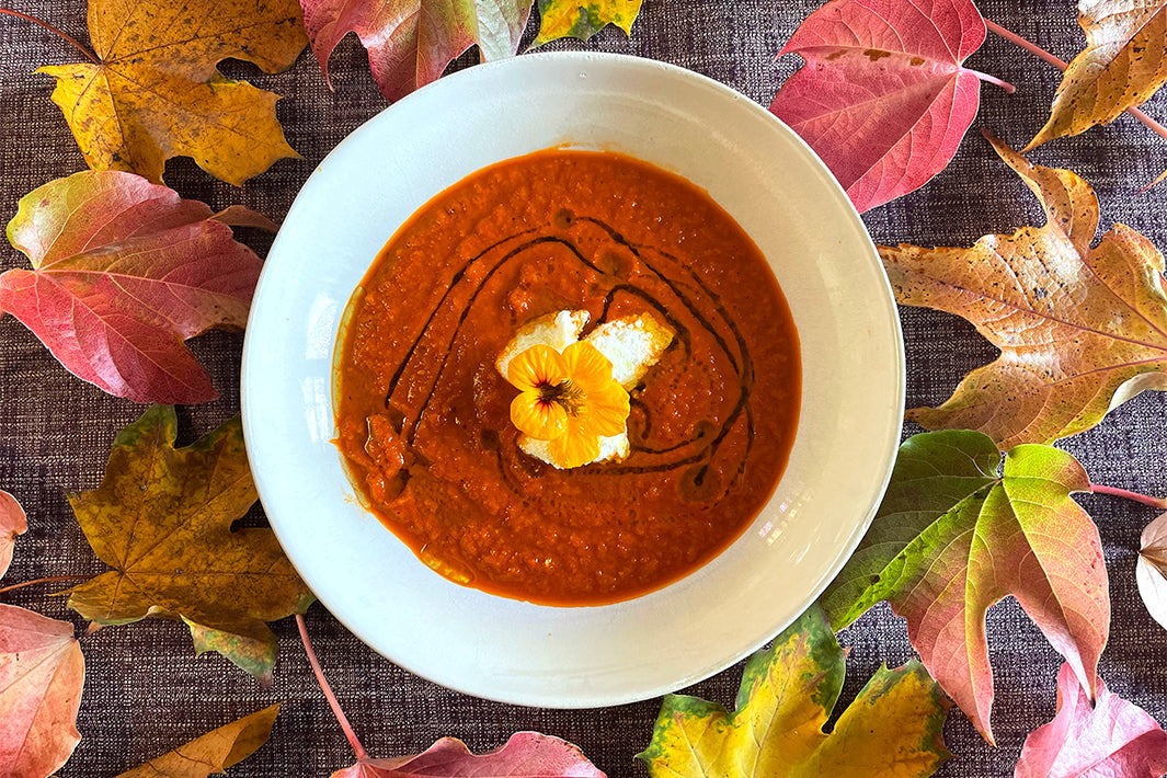 Vellutata di pomodori e peperoni arrosti con Ricotta - Tomatenpaprikacremesuppe mit Ricotta